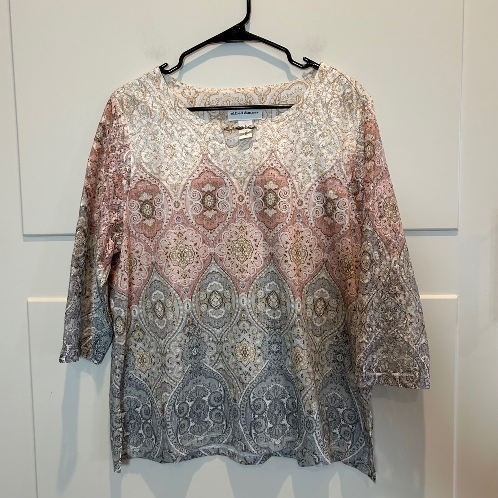 Alfred Dunner Women's L Paisley‎ Print Blouse 3/4 Lace Sleeve Top Beaded Neck